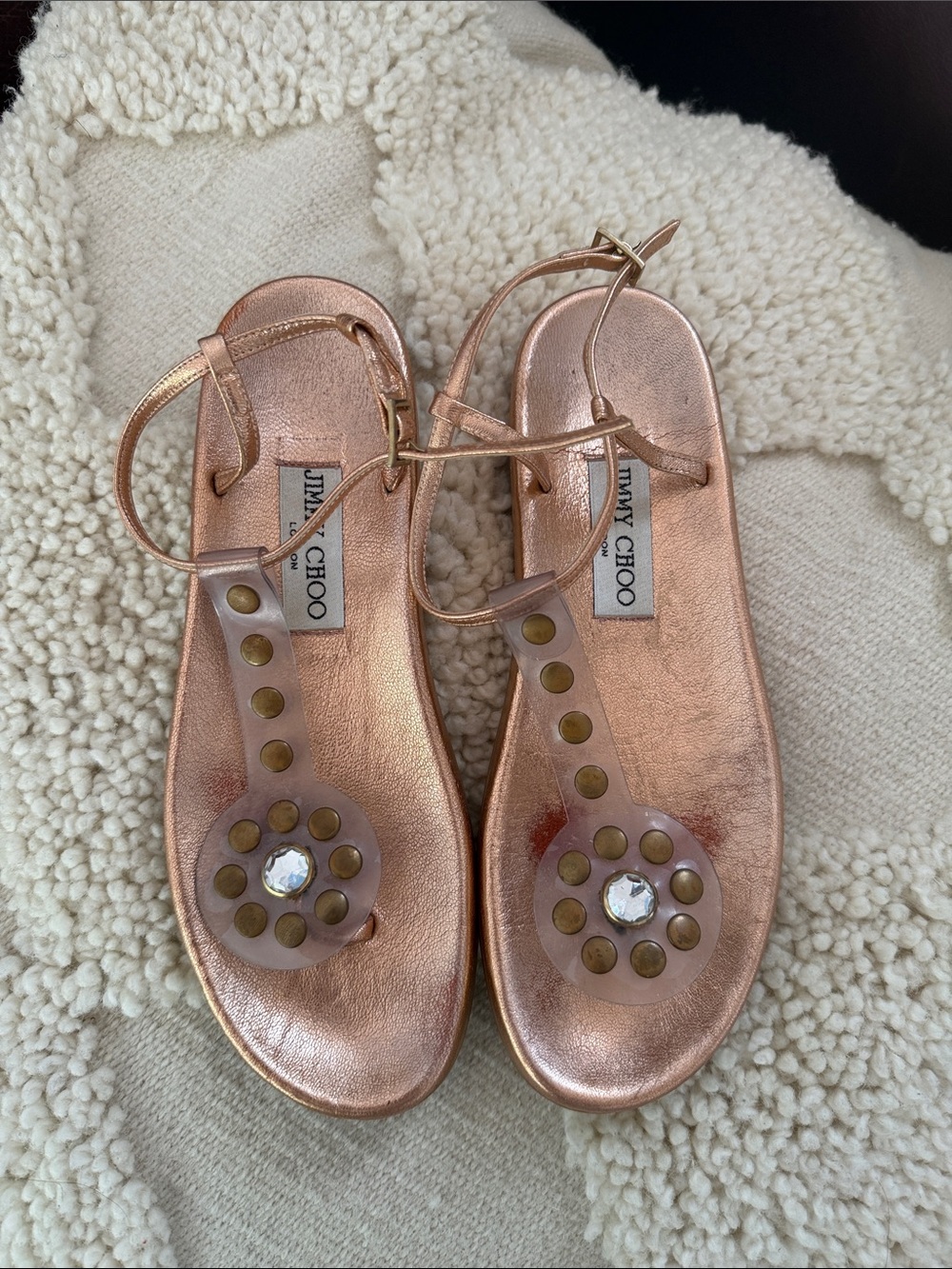 Jimmy Choo Metallic Rose Gold Jeweled T-Strap Sandals
